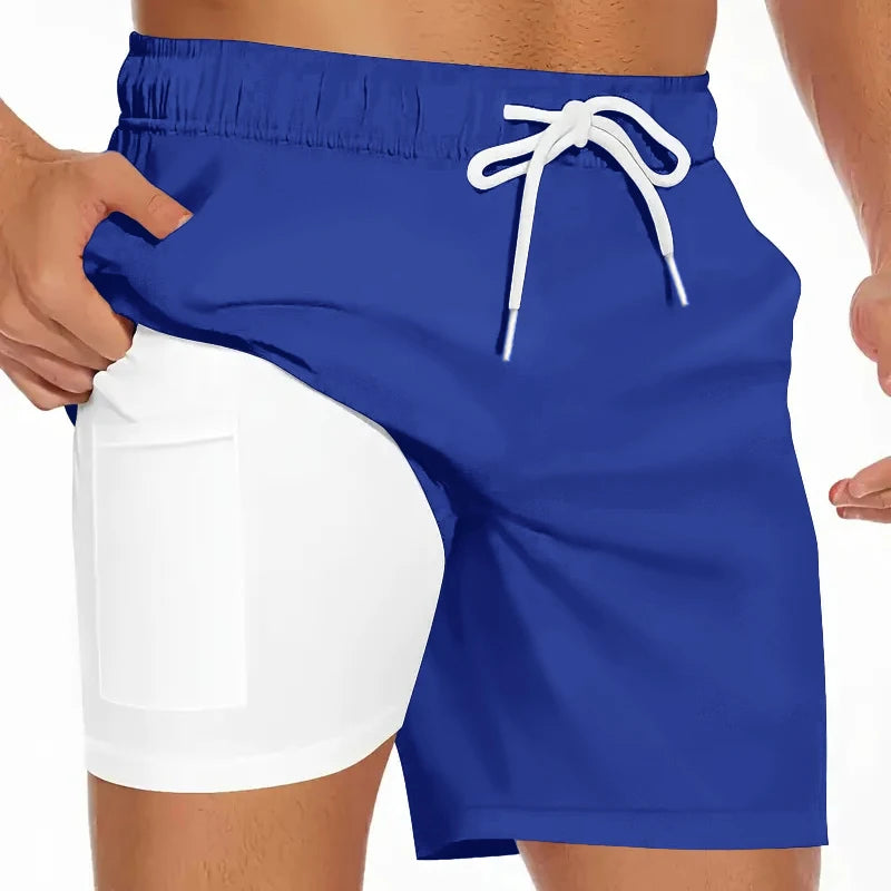 Mens Swim Trunks with Compression Liner Phone Pocket Summer Quick Dry Board Shorts Beach Shorts Swimwear Swimsuit Bathing Suits
