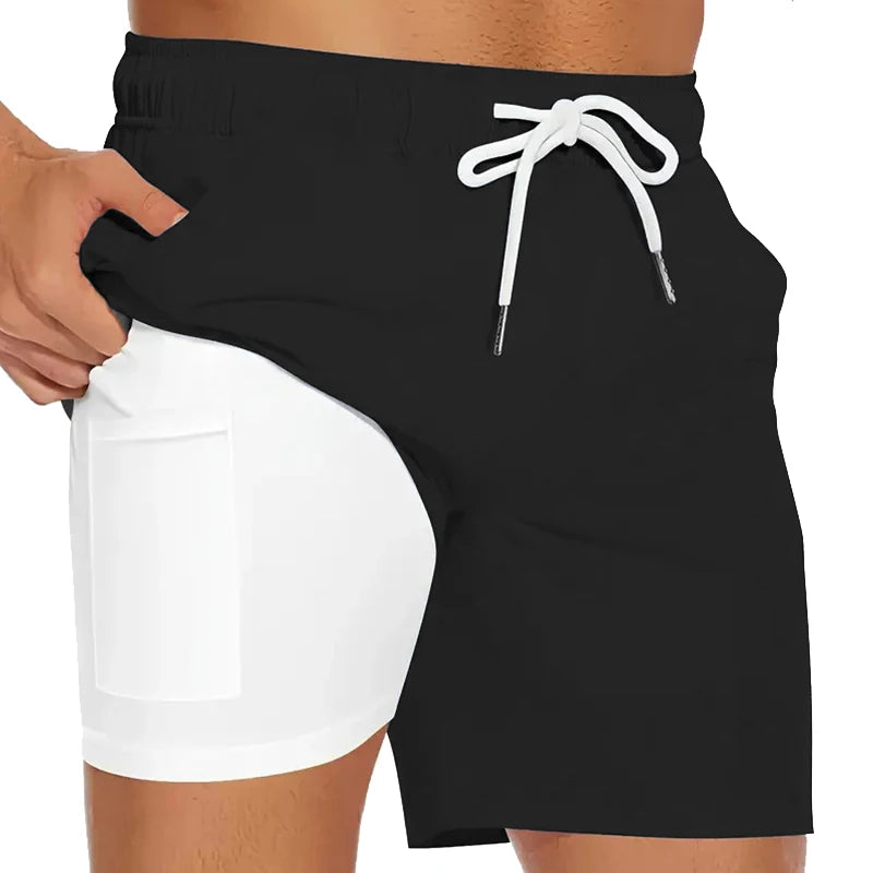 Mens Swim Trunks with Compression Liner Phone Pocket Summer Quick Dry Board Shorts Beach Shorts Swimwear Swimsuit Bathing Suits